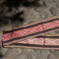 W-172 Finely woven long weaving / scarf in natural brown with soft red geometric patterns